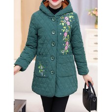 Women Embroidery Warm Thicken Fleece Hooded Coats