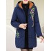 Women Embroidery Warm Thicken Fleece Hooded Coats