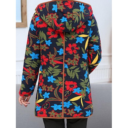 Women Fluff Thick Floral Print Pocket Hooded Coats（random shipping）