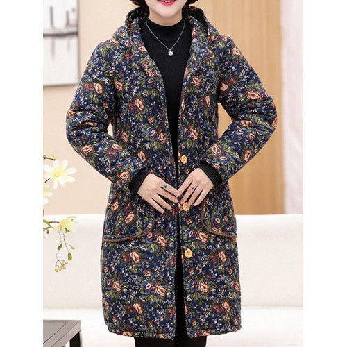 Vintage Women Floral Print Pocket Button Hooded Coats（random shipping）