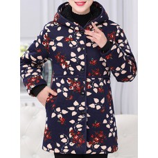 Vintage Women Floral Print Thicken Hooded Buttons Coats