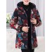 Vintage Women Floral Print Thicken Hooded Buttons Coats