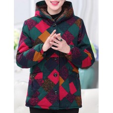 Vinatge Women Thick Warm Print Hooded Pockets Coats(random）