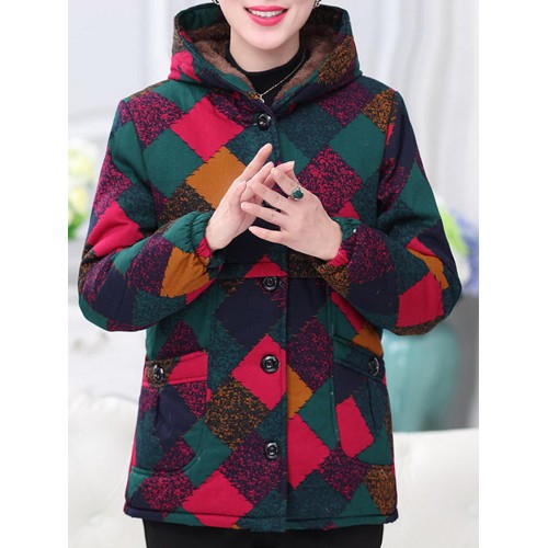 Vinatge Women Thick Warm Print Hooded Pockets Coats(random）