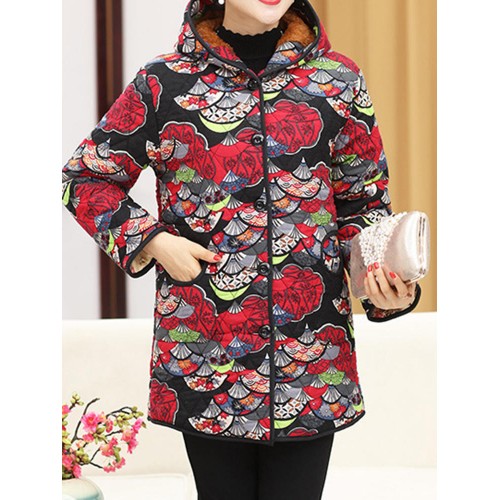 Women Floral Print Hooded Fleece Thicken Long Sleeve Coats