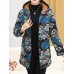 Women Floral Print Hooded Fleece Thicken Long Sleeve Coats