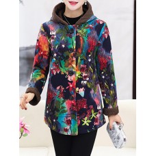 Women Floral Print Buttons Long Sleeve Zipper Winter Coats(random)