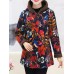 Women Floral Print Buttons Long Sleeve Zipper Winter Coats(random)