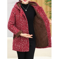 Autumn Winter Floral Print Buttons Thicken Hooded Coats（random shipping）