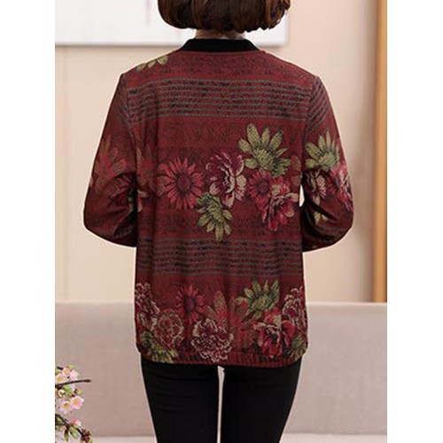 Women Long Sleeve Floral Print Zipper Stand Collar Jacket