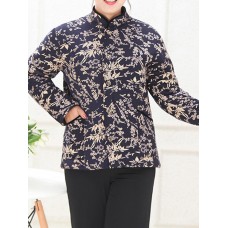 Women Floral Print Buttons Stand Collar Winter Coats（random shipping）