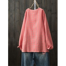 S-5XL Casual Women Plaid Crew Neck Long Sleeve Blouse