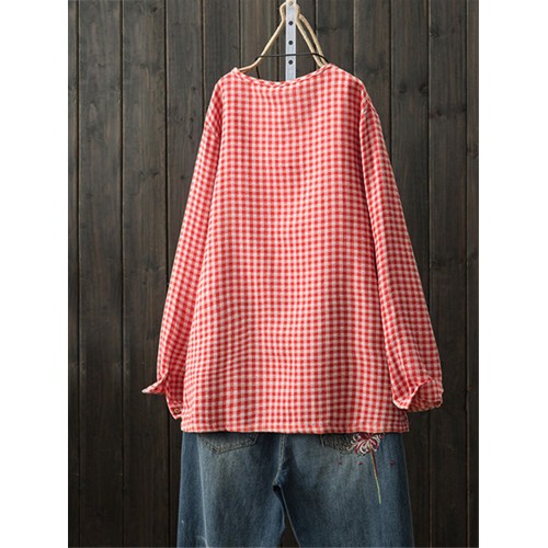 S-5XL Casual Women Plaid Crew Neck Long Sleeve Blouse