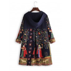 S-5XL Ethnic Print Frog Button Folk Style Irregular Hooded Coats