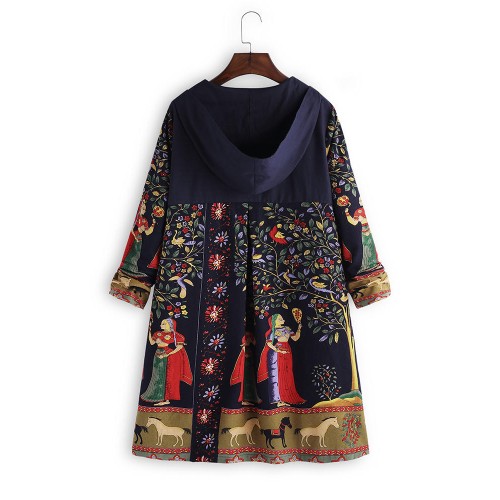 S-5XL Ethnic Print Frog Button Folk Style Irregular Hooded Coats