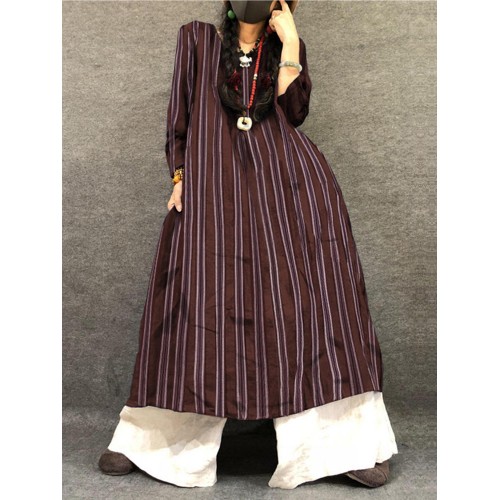 M-5XL Vintage Women  Striped Crew Neck Long Sleeve Dress