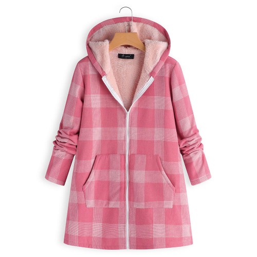 Casual Women Plaid Print Pockets Zipper Hooded Coats