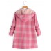 Casual Women Plaid Print Pockets Zipper Hooded Coats