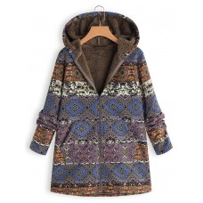 M-5XL Floral Print Fleece Thicken Hooded Long Sleeve Vintage Coats