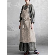 S-5XL Vintage Women Pure Color Pockets Cotton Linen Dress