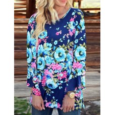 Women Long Bell Sleeve Floral Print O-neck Irregular T-shirts