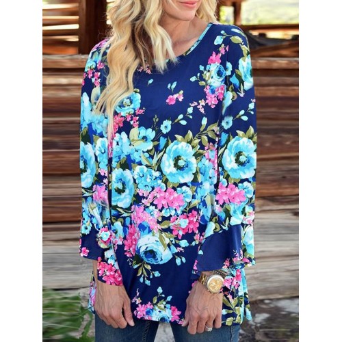 Women Long Bell Sleeve Floral Print O-neck Irregular T-shirts