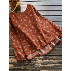 Casual Women Cotton Linen Floral Print High Low Hem Long Sleeve Blouse