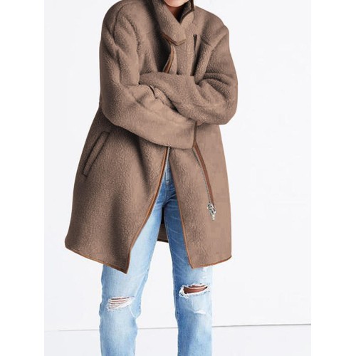 Women Pure Color Zipper Pockets Long Sleeve Fleece Thicken Coats