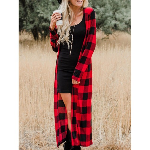 Casual Women Autumn Loose Plaid Long Sleeve Long Cardigans