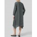 Women Long Sleeve V Neck Pockets Solid Color Vintage Dress