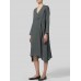 Women Long Sleeve V Neck Pockets Solid Color Vintage Dress