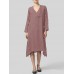 Women Long Sleeve V Neck Pockets Solid Color Vintage Dress