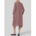 Women Long Sleeve V Neck Pockets Solid Color Vintage Dress