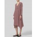 Women Long Sleeve V Neck Pockets Solid Color Vintage Dress