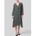 Women Long Sleeve V Neck Pockets Solid Color Vintage Dress