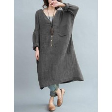 S-5XL Vintage Women Cotton Linen V-Neck Long Sleeve Button Dress