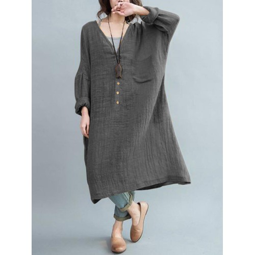 S-5XL Vintage Women Cotton Linen V-Neck Long Sleeve Button Dress