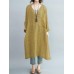 S-5XL Vintage Women Cotton Linen V-Neck Long Sleeve Button Dress