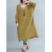 S-5XL Vintage Women Cotton Linen V-Neck Long Sleeve Button Dress