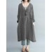 S-5XL Vintage Women Cotton Linen V-Neck Long Sleeve Button Dress