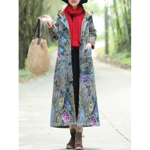 Vintage Women Floral Print Cotton Linen Button Hooded Long Coats with Pockets