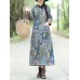 Vintage Women Floral Print Cotton Linen Button Hooded Long Coats with Pockets