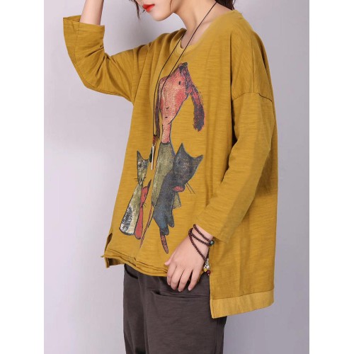 M-5XL Cartoon Cat Print Long Sleeve Loose Casual T-shirts for Women