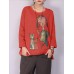 M-5XL Cartoon Cat Print Long Sleeve Loose Casual T-shirts for Women