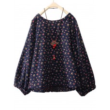 Women Cotton Loose Floral Print Round Neck Long Sleeve Blouse