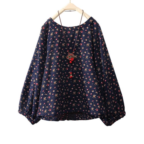 Women Cotton Loose Floral Print Round Neck Long Sleeve Blouse