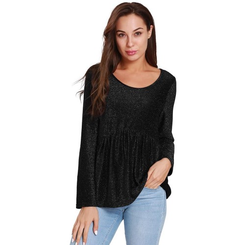 Metallic Ruffled Blouses Long-sleeved T-shirts