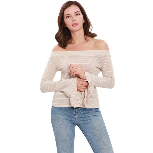 Trumpet Sleeve Blouses Neckline Striped Knit T-Shirts