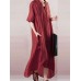 Retro Women Cotton Loose Short Sleeve V-Neck Asymmetrical Hem Side Pockets Dress