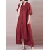 Retro Women Cotton Loose Short Sleeve V-Neck Asymmetrical Hem Side Pockets Dress